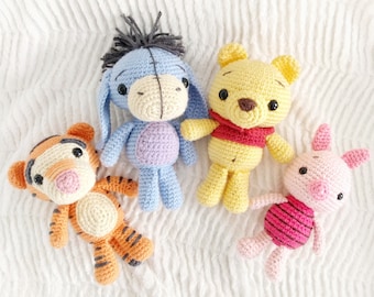 Winnie the Pooh and Friends Crochet Pattern Set of 4, includes Pooh Bear, Piglet, Eeyore, and Tigger amigurumi patterns, classic pooh bear