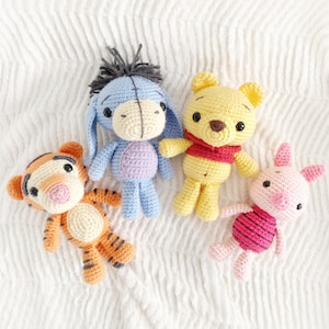 4 in 1 Winnie the Pooh and Friends Crochet Pattern Set of 4, includes Pooh Bear, Piglet, Eeyore, and Tigger amigurumi patterns, pooh bear