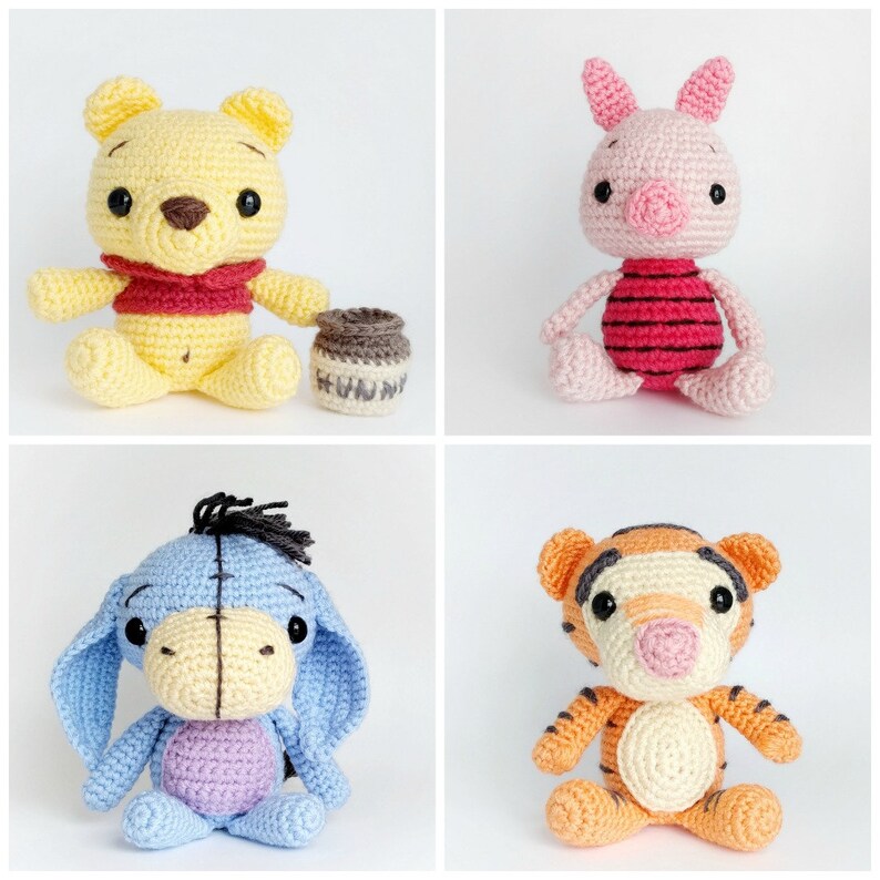 May include: Four crocheted stuffed animals from the Winnie the Pooh franchise: Winnie the Pooh, Piglet, Eeyore, and Tigger. The characters are all sitting and facing forward. Winnie the Pooh is holding a small pot of honey.