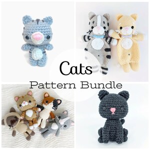 May include: A collection of crochet cat amigurumi patterns. The patterns include a variety of cat designs, including a tabby cat, a calico cat, a gray cat, and a black cat. The patterns are available as a bundle.