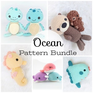 May include: A crochet pattern bundle featuring ocean-themed animals, including a sea turtle, seahorse, otter, and narwhal. The pattern bundle is titled "Ocean Pattern Bundle".