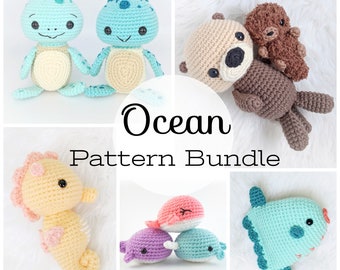 PATTERN BUNDLE: 5 Crochet Ocean Animal Patterns! Includes Sunfish, Sea Turtle, Whales, Seahorse and Otters Patterns, Amigurumi Turtle & Fish
