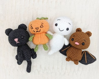 Paquete de patrones de amigurumi de Halloween a crochet: fantasma, gato, murciélago y calabaza (patrón en PDF)