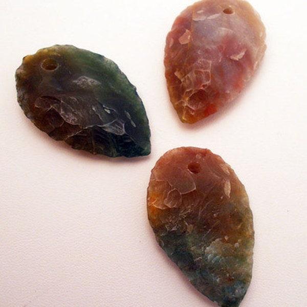 3 pcs Fancy Jasper Knapped Arrowhead Focals - Multicolored - hand knapped arrowheads by reynaredsupplies