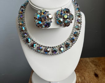 Vintage Silver Tone Blue AB Rhinestone Necklace, Clip Earrings Set 50s Peacock