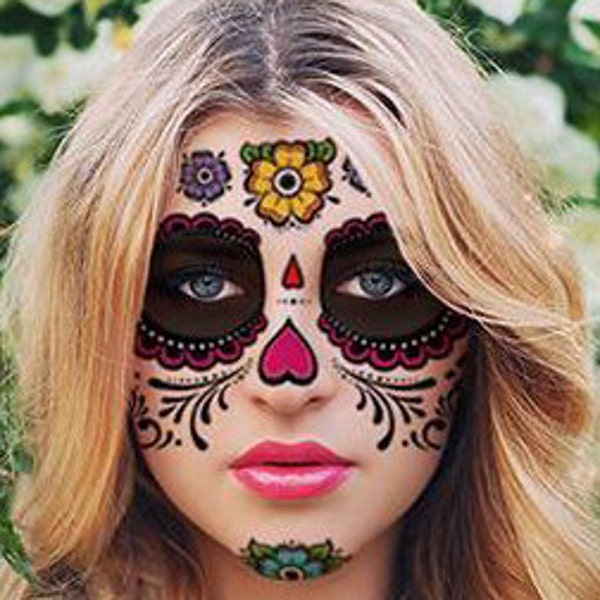 Tatouage temporaire de visage de crâne de sucre - coeurs et fleurs - jour des morts - Dia de los Muertos - Calavera - costume d'Halloween