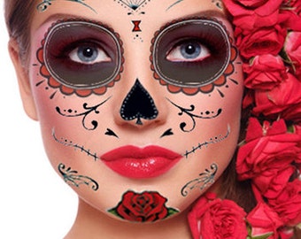 Tatuaggio viso temporaneo teschio di zucchero - Rose rosse - Giorno dei morti - Dia de los Muertos - Calavera - Costume di Halloween