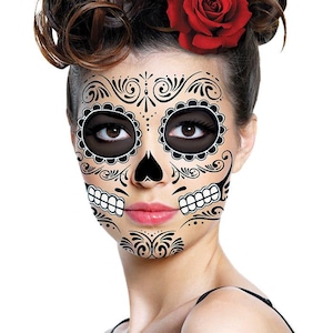 Tatouage temporaire visage crâne en sucre - tête de mort - jour des morts - Dia de los Muertos - Calavera - déguisement d'Halloween
