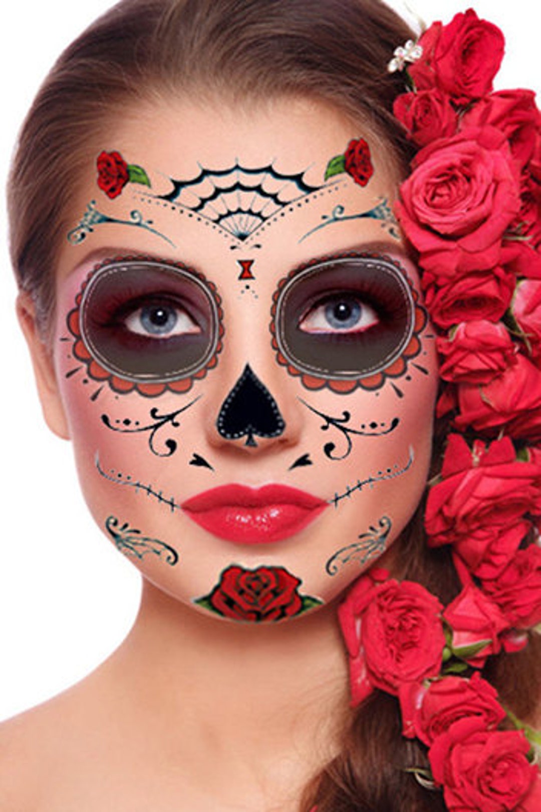 Sugar Skull Temporary Face Tattoo Red Roses Day of the Dead Dia De Los Muertos Calavera