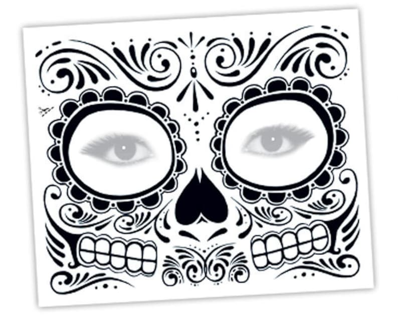 Sugar Skull Temporary Face Tattoo Skull Face Day of the Dead Dia de los Muertos Calavera Halloween Costume image 3