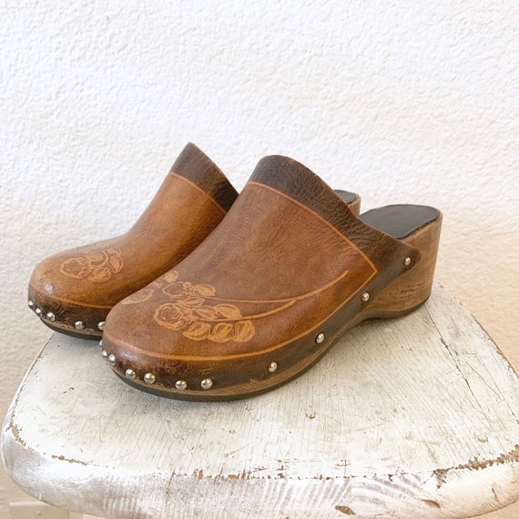 tooled leather clogs