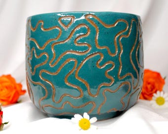 Handmade Turquoise Ceramic Pot: Modern Organic Clay Planter