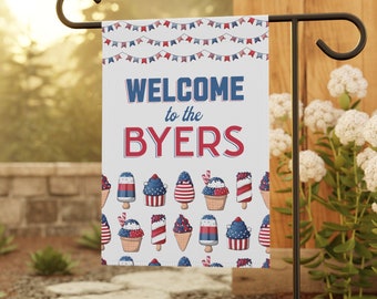 Personalized Garden Flag Patriotic Home Decor With Family Name In Red White Blue, Summer Custom Welcome Sign With Patriotic Ice Cream