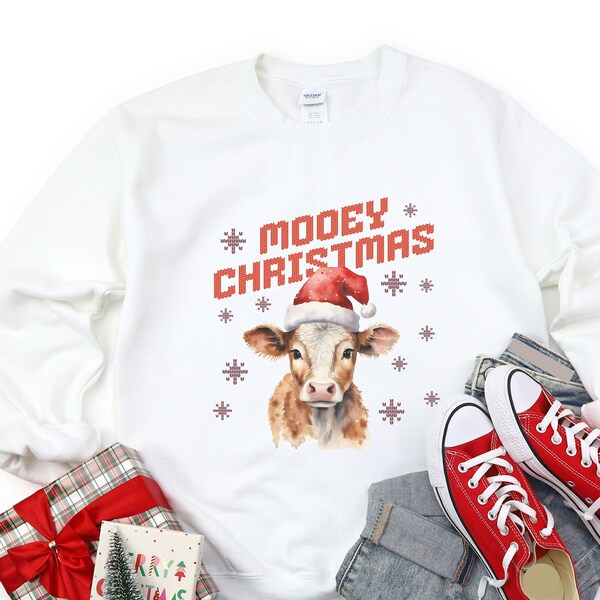 Farm Christmas Sweatshirt, Mooey Christmas, Cow Christmas Sweatshirt, Ugly Sweater Christmas Party Cute Cow Sweatshirt For Holiday, Cow Love