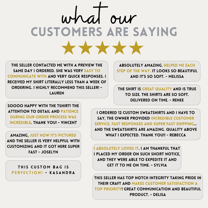 May include: A collage of customer reviews with five-star ratings for a business selling custom apparel and accessories. The reviews highlight the seller's quick response time, high-quality products, and excellent customer service. The text includes quotes like "Absolutely amazing. Helped me each step of the way. It looks so beautiful and it's so soft." and "This seller has top notch integrity taking pride in their craft and makes customer satisfaction a top priority! Great communication and beautiful product."