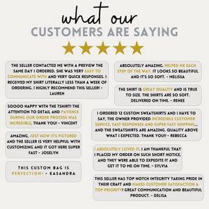May include: A collage of customer reviews with five-star ratings for a business selling custom apparel and accessories. The reviews highlight the seller's quick response time, high-quality products, and excellent customer service. The text includes quotes like "Absolutely amazing. Helped me each step of the way. It looks so beautiful and it's so soft." and "This seller has top notch integrity taking pride in their craft and makes customer satisfaction a top priority! Great communication and beautiful product."