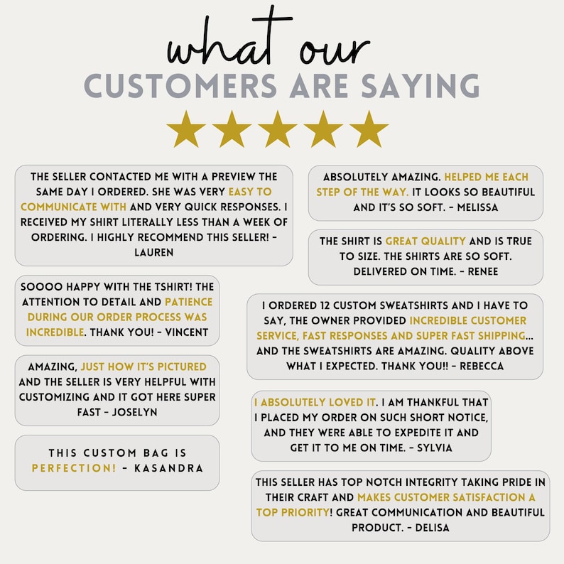 May include: A collage of customer reviews with five-star ratings for a business selling custom apparel and accessories. The reviews highlight the seller's quick response time, high-quality products, and excellent customer service. The text includes quotes like "Absolutely amazing. Helped me each step of the way. It looks so beautiful and it's so soft." and "This seller has top notch integrity taking pride in their craft and makes customer satisfaction a top priority! Great communication and beautiful product."