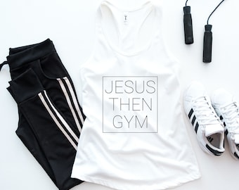 Christian Clothing Gym Then Jesus Racerback Tank, Faith Apparel, Muscle Mommy Workout Clothes, Christian Girl Weightlifting Top Pump Cover