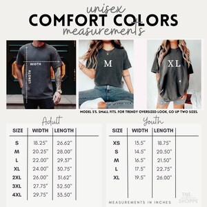 May include: Unisex t-shirt size chart with measurements in inches for adult and youth sizes. The chart shows the width and length of each size, from XS to 4XL.