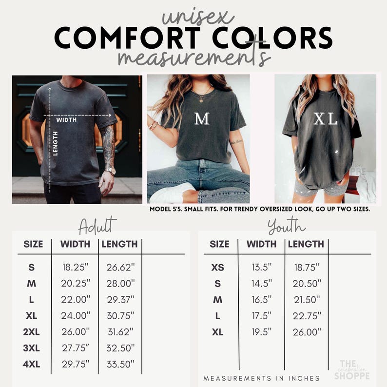 May include: Unisex t-shirt size chart with measurements in inches for adult and youth sizes. The chart shows the width and length of each size, from XS to 4XL.