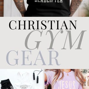 May include: A collection of Christian-themed gym apparel featuring various designs. One design shows Jesus lifting weights with the text "Jesus the Ultimate Deadlifter". Another design features a tank top with the text "Squats Low and Praises High". A third design shows a t-shirt with the text "Jesus Then Gym". A fourth design shows a hoodie with a cross on the front and a fifth design shows a hoodie with the text "Jesus the Ultimate Deadlifter".