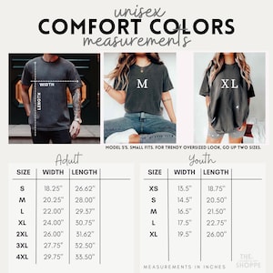 May include: Unisex t-shirt size chart with measurements in inches for adult and youth sizes. The chart shows the width and length of each size, from XS to 4XL.