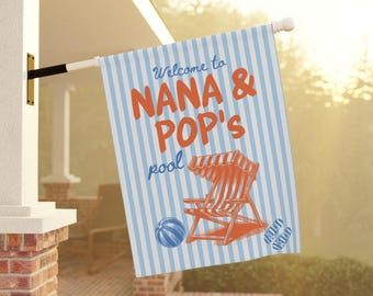 Letrero personalizado para piscina con rayas estilo preppy, letrero personalizado de bienvenida a nuestra piscina para jardín o porche.