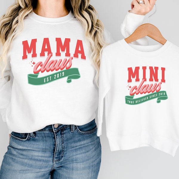 Chemises mini-maman et mini-noel personnalisé maman et moi, sweat-shirt col rond maman et moi, chemise Besties maman et moi pour elle cadeau de Noël