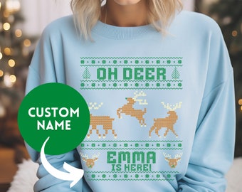 Custom Ugly Sweater For Holiday Party Cute Ugly Sweater Personalize With Your Name Reindeer Sweatshirt For Office Party White Elephant Gift