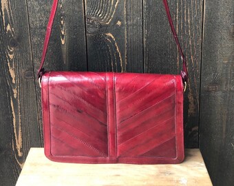 Vintage 70s leather purse, real leather, red, patchwork, crossbody