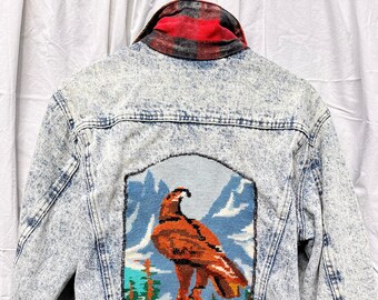 Denim & Plaid Jacket, Acid wash, Size M, Patch Denim, Grunge Denim, Punk Denim Jacket