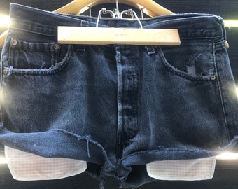 Levis cutoffs, Size 32W, Made in USA, with custom pockets, faded black