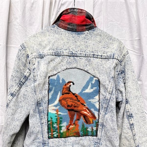 Denim & Plaid Jacket, Acid wash, Size M, Patch Denim, Grunge Denim, Punk Denim Jacket