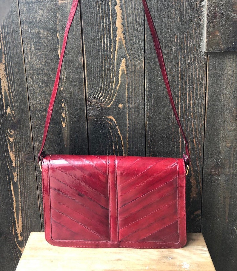 Vintage red leather purse large handbag 1970 patchwork