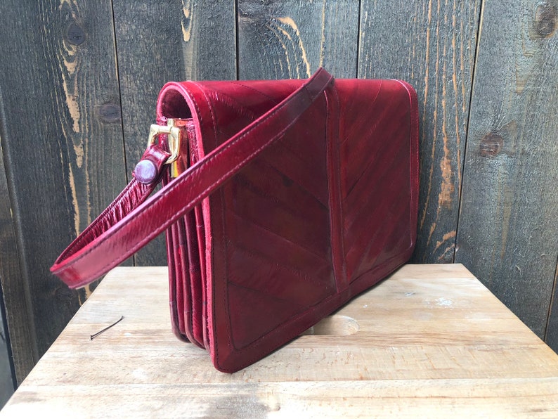 Vintage red leather purse large handbag 1970 patchwork