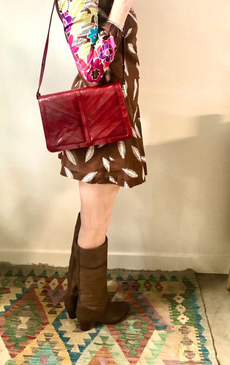 Vintage red leather purse large handbag 1970 patchwork