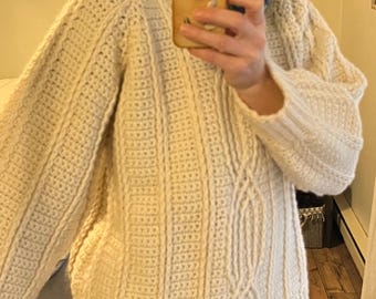 Chunky Fisherman Hand-Crochet Sweater Cream Irish Sweater Size M