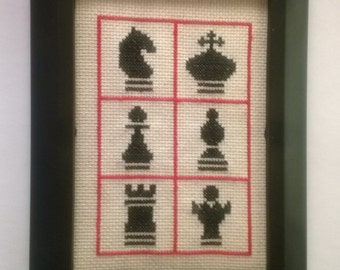 Completed Framed Cross Stitch (Chess Pieces)