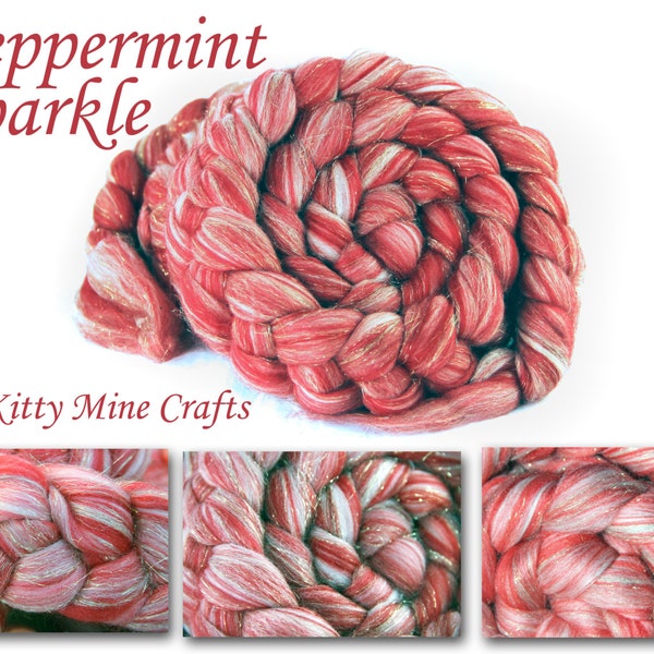 Peppermint Sparkle made from Superfine Merino, Merino, Tussah Silk, Stellina - Felting, Spinning - Combed Wool Top - Phat Fiber - Valentine