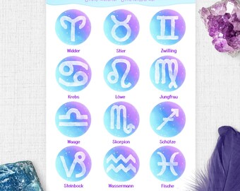 Zodiac Sign Sticker Sheet | Astrology Galaxy Stickers | Planner Supplies for Journaling and Scrapbooking