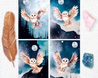 Owl Postcard Set | Watercolor Owl Cards | Magical Greeting Cards Night Sky