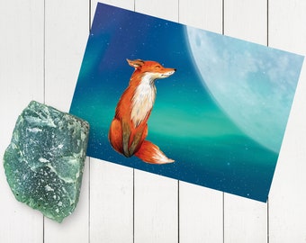 Galaxy, fox, sky, stars, space, planets, A6, greeting card, gift card, mythical creatures, moon, postcard