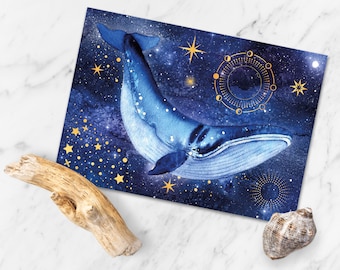 Postcard whale galaxy card blue whale greeting card sea