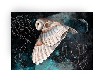 Night, moon, stars, forest, owl, map, greeting card, A6, magic, power, postcard