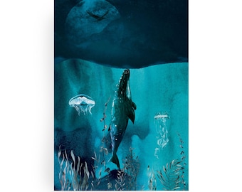 Sea, ocean, wave, whale, night, sky, A6, greeting card, birthday, postcard
