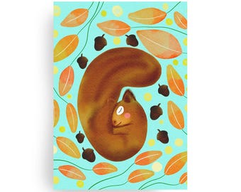 Squirrel postcard - Woodland animal illustration, autumn