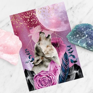 Wolf Postkarte, DIN A6, Magie, Mond, Blumen, Kristall, Kraft, Magische Grusskarte - Einzigartiges Motiv zum Versenden und Sammeln