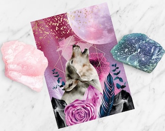Wolf postcard, DIN A6, magic, moon, flowers, crystal, power, magical greeting card - unique motif for sending and collecting