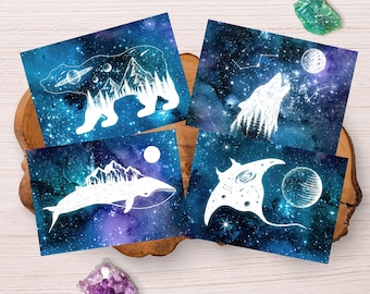 Galaxy postcards with animals | Starry sky motif card, spiritual