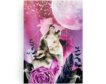 Wolf postcard, DIN A6, magic, moon, flowers, crystal, power, magical greeting card - unique design for sending and collecting